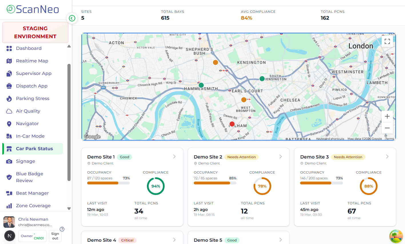 ScanNeo private enforcement platform showing map and bay monitoring