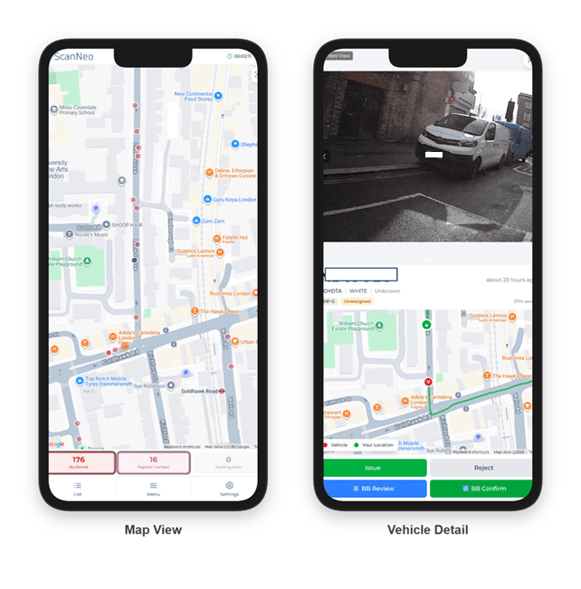 ScanNeo officer app showing a live contravention map and vehicle review screens