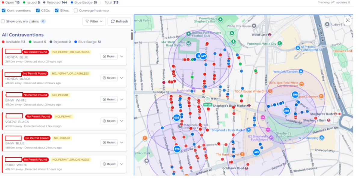 ScanNeo live operational map with contraventions, a multi-zone heatmap and filter controls